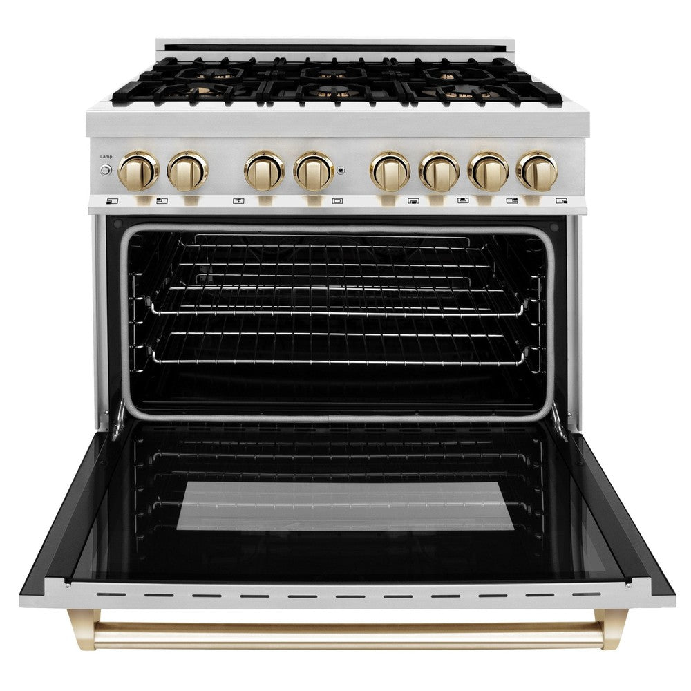 ZLINE Autograph 36" 4.6 cu. ft. Dual Fuel Range in Stainless Steel with Gold Accent, RAZ-36-G