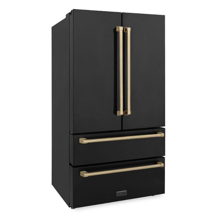 ZLINE Autograph Edition 36 in. Kitchen Package with Black Stainless Steel Dual Fuel Range, Range Hood, Dishwasher and Refrigerator Including Internal Water Dispenser with Champagne Bronze Accents (4AKPR-RABRHDWV36-CB)
