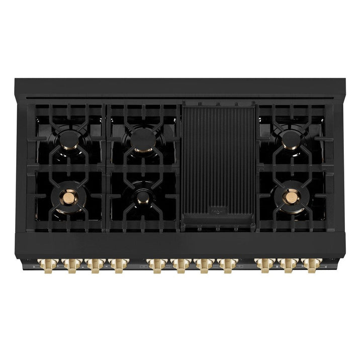 ZLINE Autograph 48" 6.0 cu. ft. Dual Fuel Range in Black Stainless Steel with Gold Accents, RABZ-48-G