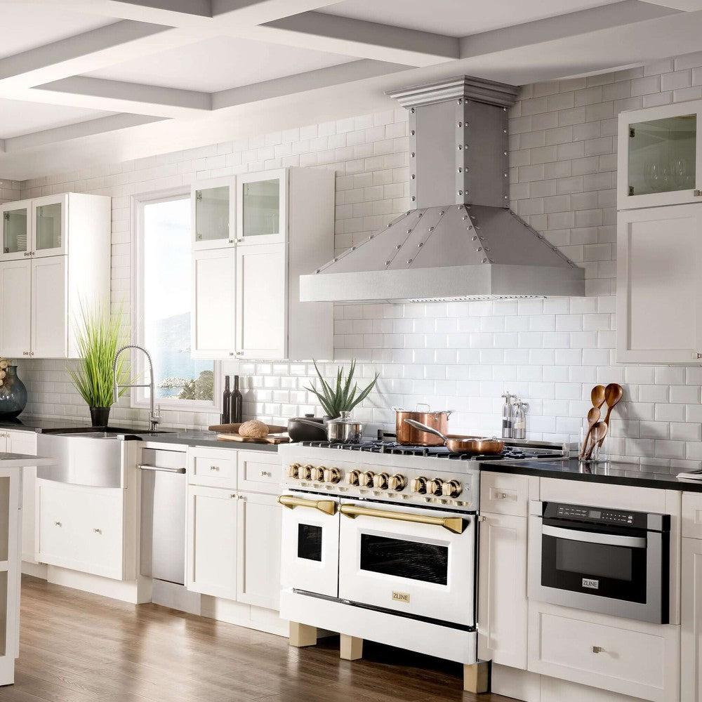 ZLINE Autograph Edition 48 in. 6.0 cu. ft. Legacy Dual Fuel Range with 7 Burner Gas Cooktop and 2 Electric Ovens in Stainless Steel with White Matte Doors and Polished Gold Accents (RAZ-WM-48-G)