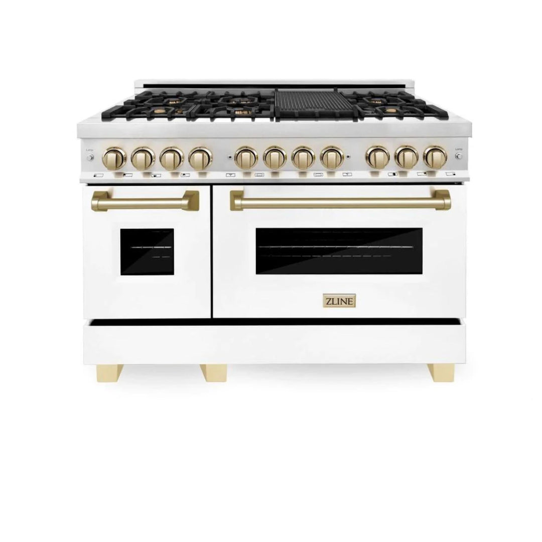 ZLINE Autograph Edition 24", 30", 36", 48", &amp; 60" Legacy Dual Fuel Range with White Matte Doors—Champagne Bronze, Polished Gold, and Matte Black Accents RAZ-WM Series.