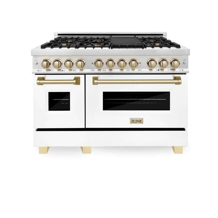 ZLINE Autograph Edition 24", 30", 36", 48", &amp; 60" Legacy Dual Fuel Range with White Matte Doors—Champagne Bronze, Polished Gold, and Matte Black Accents RAZ-WM Series.