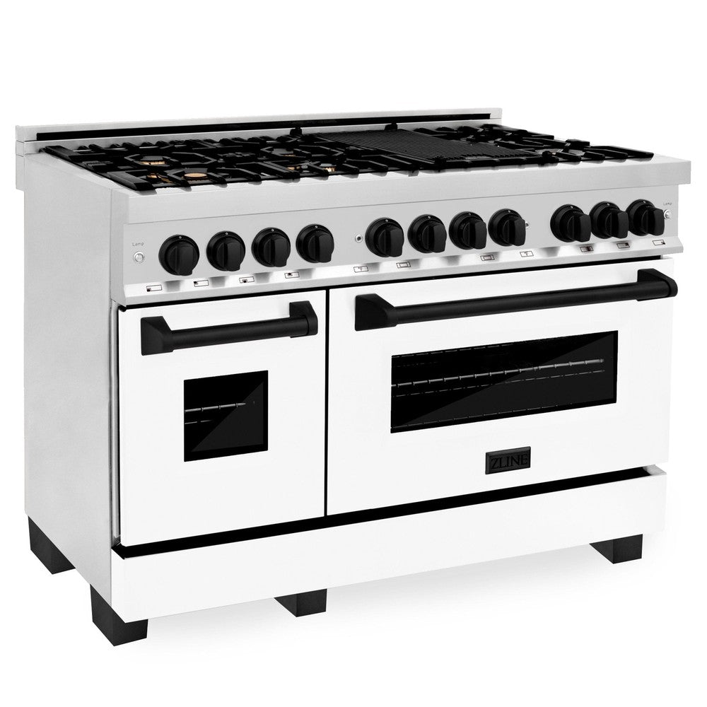 ZLINE Autograph 48" 6.0 cu. ft. Dual Fuel Range with White Matte Door and Black Matte Accents, RAZ-WM-48-MB