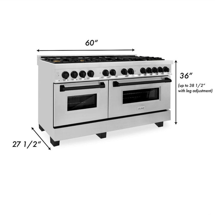 ZLINE Autograph 60" 7.4 cu. ft. Dual Fuel Range in Stainless Steel with Black Matte Accents, RAZ-60-MB