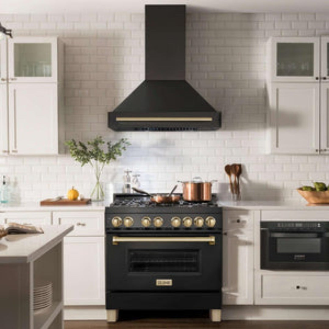 ZLINE 36" Black Stainless Steel Range Hood with Champagne Bronze Handle