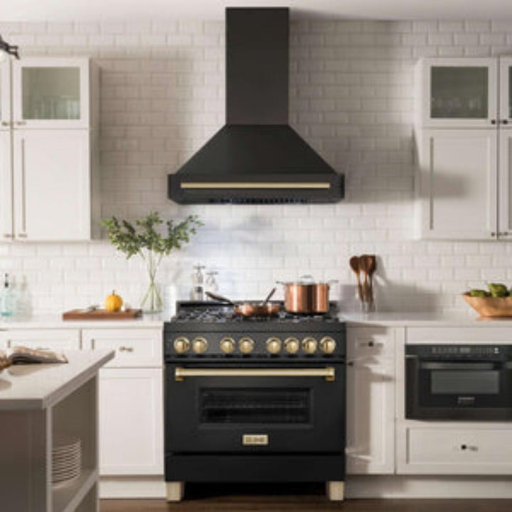 ZLINE 36" Black Stainless Steel Range Hood with Champagne Bronze Handle