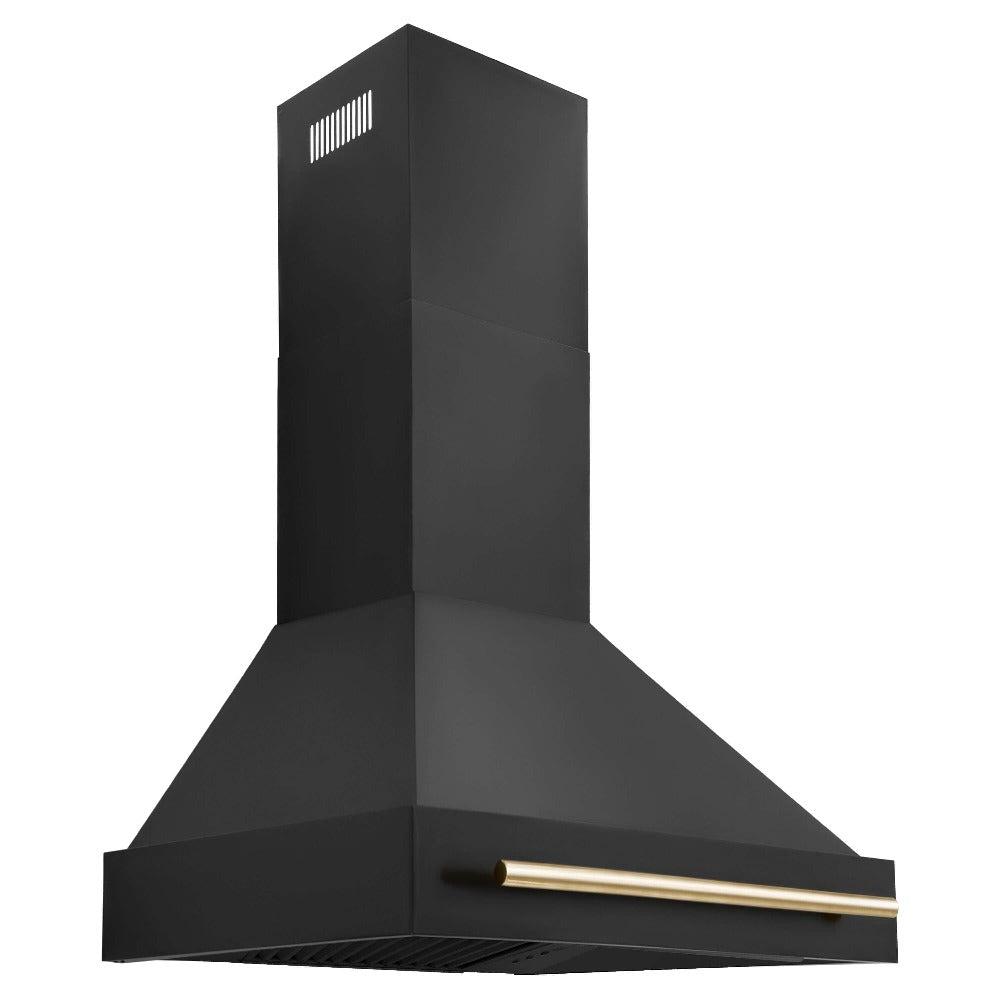 ZLINE Autograph Edition 30 in. Kitchen Package with Black Stainless Steel Dual Fuel Range, Range Hood, Dishwasher, and Refrigerator with External Water Dispenser with Polished Gold Accents (4AKPR-RABRHDWV30-G)