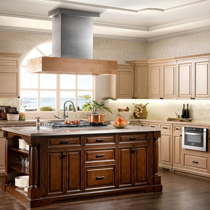 ZLINE 36” 2 Remote Blower Wooden Island Mount Range Hood Butcher Block