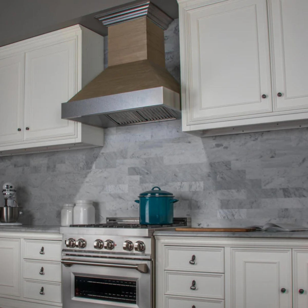 ZLINE 30" &amp; 36" Wooden Wall Mount Range Hoods in Rustic Shiplap Sunwashed Yellow with Stainless Steel Accents
