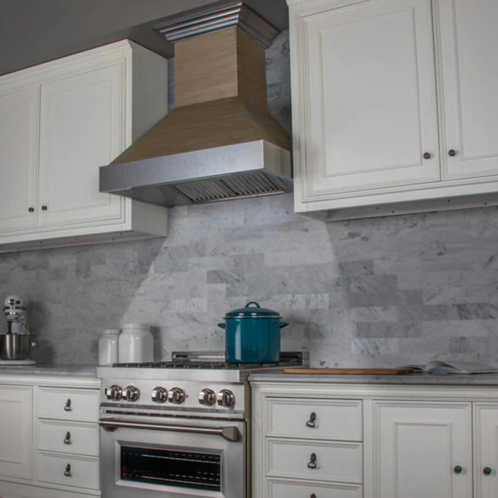 ZLINE 30" &amp; 36" Wooden Wall Mount Range Hoods in Rustic Shiplap Sunwashed Yellow with Stainless Steel Accents