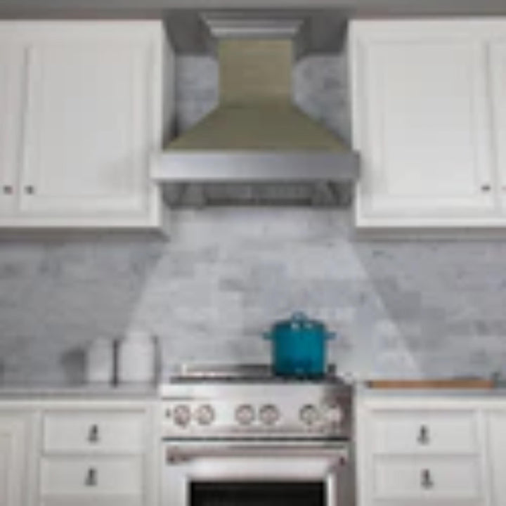 ZLINE 30" &amp; 36" Wooden Wall Mount Range Hoods in Rustic Shiplap Sunwashed Yellow with Stainless Steel Accents
