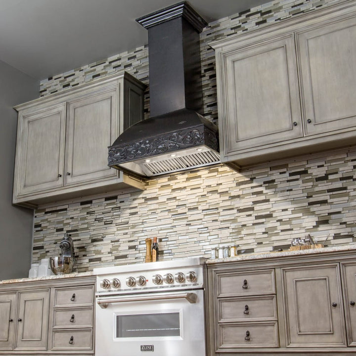 ZLINE 30" Wooden Wall Mount Range Hood with Remote 4-Speed Motor in Antigua-Toned