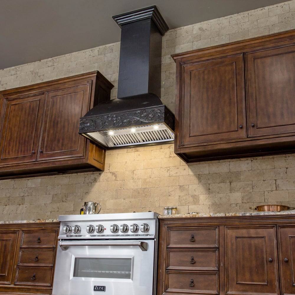 ZLINE 30" Wooden Wall Mount Range Hood with Remote 4-Speed Motor in Antigua-Toned