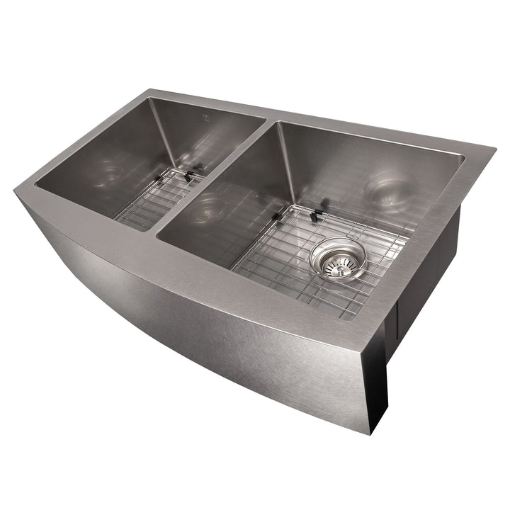 ZLINE 36 in. Niseko Farmhouse Apron Mount Double Bowl DuraSnow® Stainless Steel Kitchen Sink with Bottom Grid, SA50D-36S