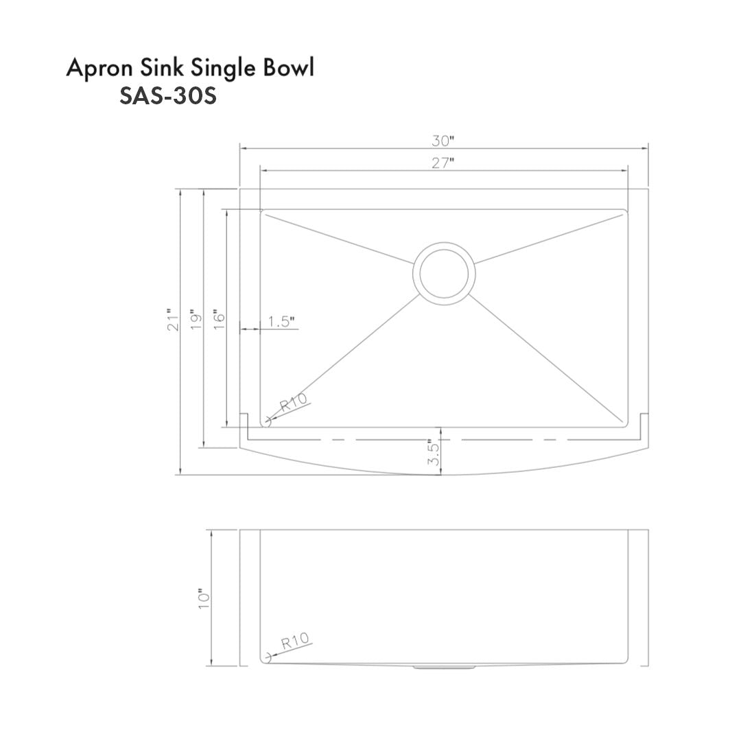 ZLINE 30" Zermatt Farmhouse Apron Mount Single Bowl DuraSnow® Stainless Steel Kitchen Sink with Bottom Grid, SAS-30S