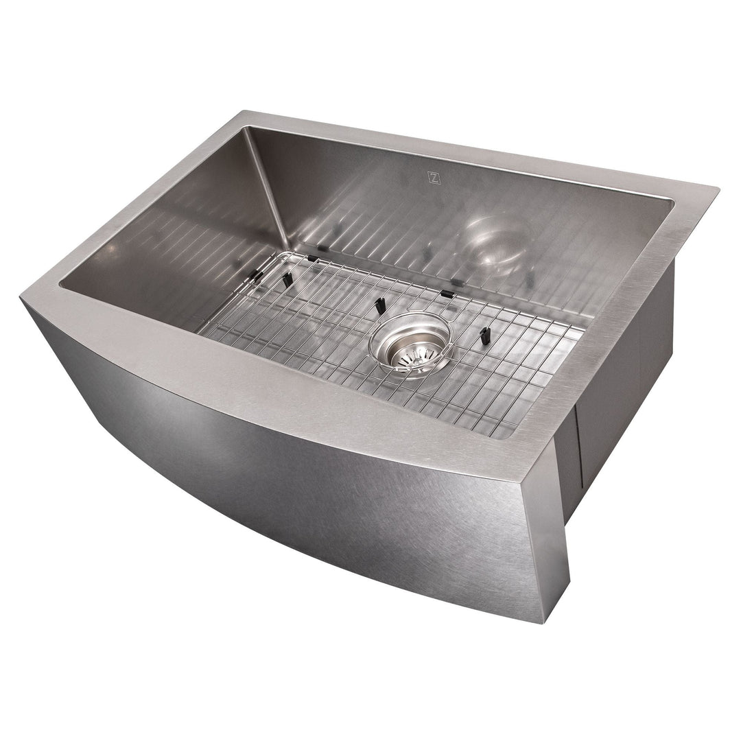 ZLINE 30" Zermatt Farmhouse Apron Mount Single Bowl DuraSnow® Stainless Steel Kitchen Sink with Bottom Grid, SAS-30S