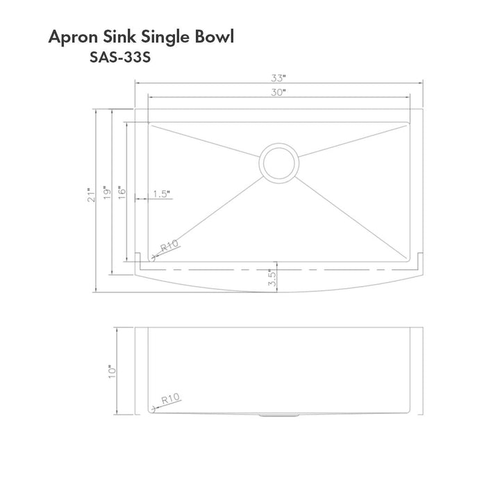 ZLINE 33 in. Vail Farmhouse Apron Mount Single Bowl DuraSnow® Stainless Steel Kitchen Sink with Bottom Grid, SAS-33S