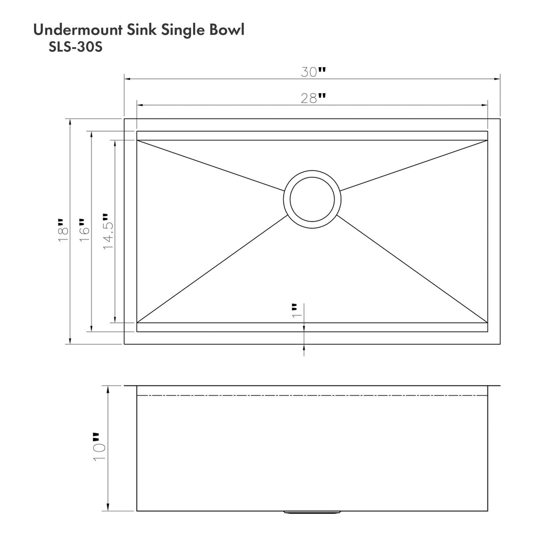 ZLINE 30 in. Garmisch Undermount Single Bowl DuraSnow® Stainless Steel Kitchen Sink with Bottom Grid and Accessories, SLS-30S