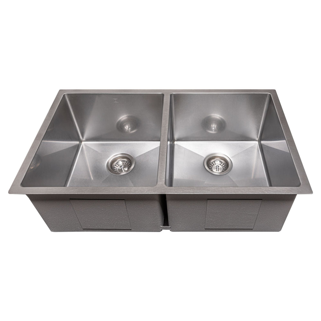 ZLINE 33 in. Anton Undermount Double Bowl DuraSnow® Stainless Steel Kitchen Sink with Bottom Grid, SR50D-33S