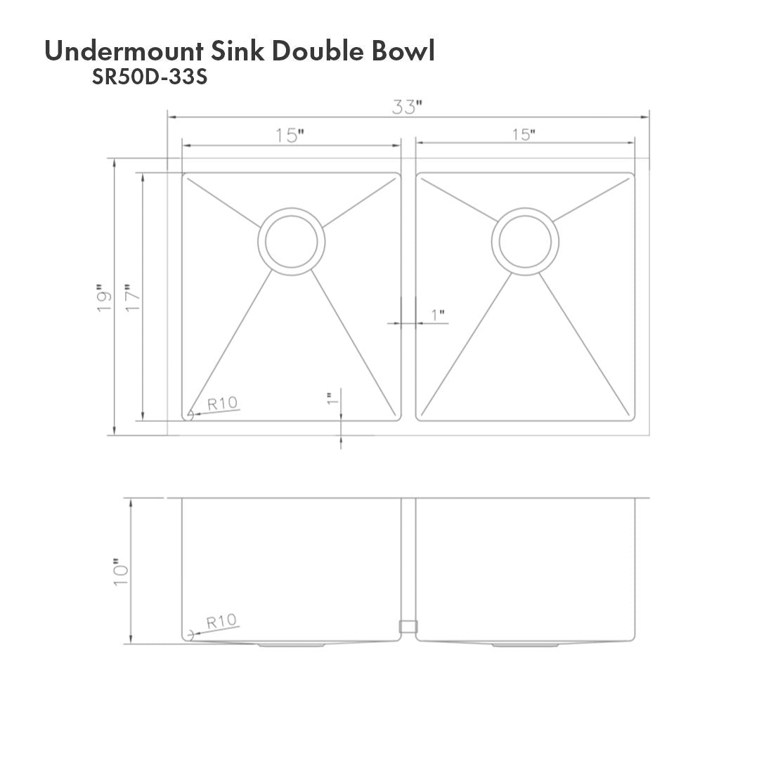 ZLINE 33 in. Anton Undermount Double Bowl DuraSnow® Stainless Steel Kitchen Sink with Bottom Grid, SR50D-33S