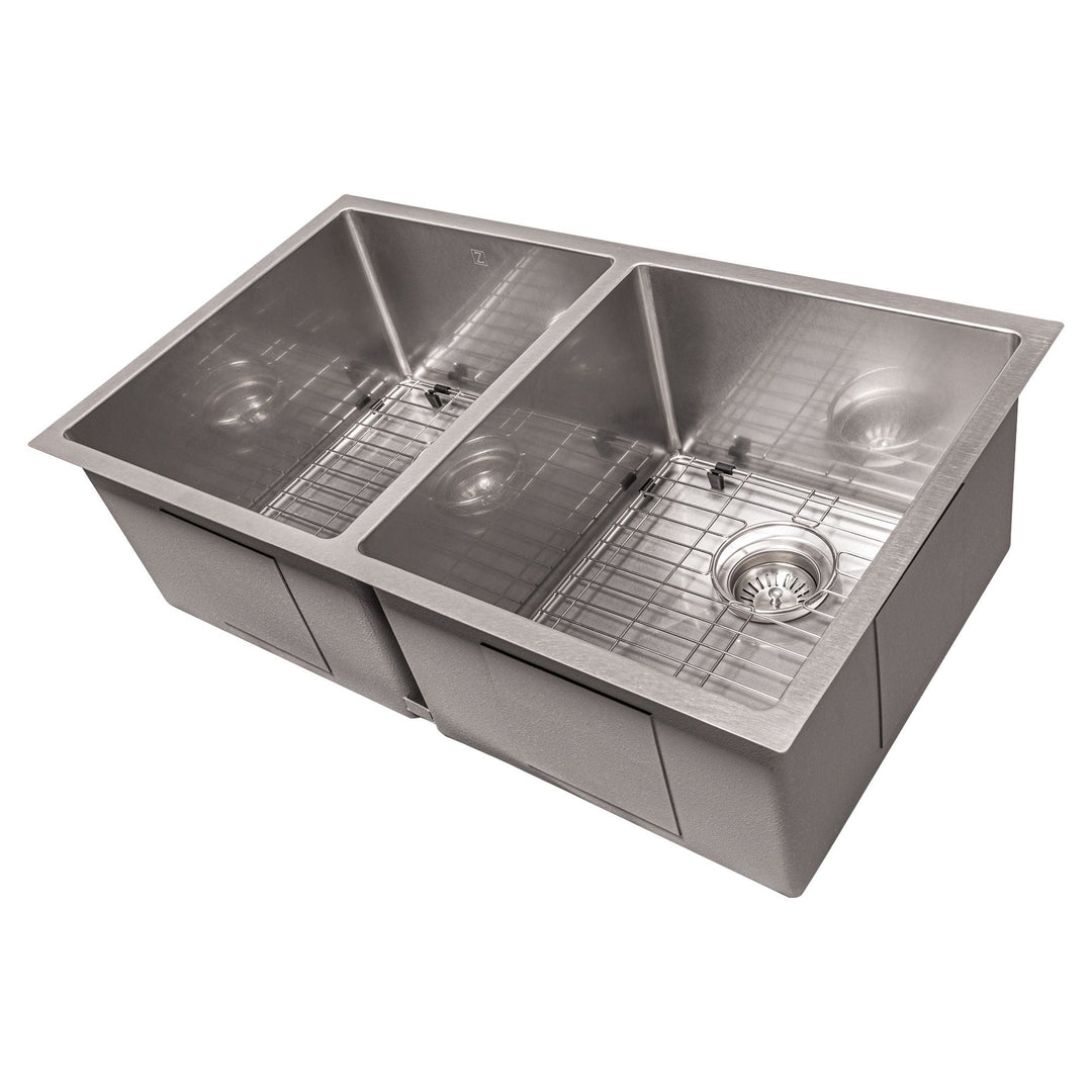 ZLINE 33 in. Anton Undermount Double Bowl DuraSnow® Stainless Steel Kitchen Sink with Bottom Grid, SR50D-33S