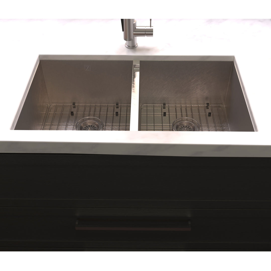 ZLINE 33 in. Anton Undermount Double Bowl DuraSnow® Stainless Steel Kitchen Sink with Bottom Grid, SR50D-33S