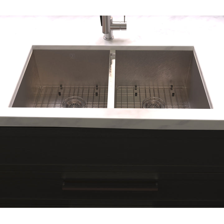 ZLINE 33 in. Anton Undermount Double Bowl DuraSnow® Stainless Steel Kitchen Sink with Bottom Grid, SR50D-33S