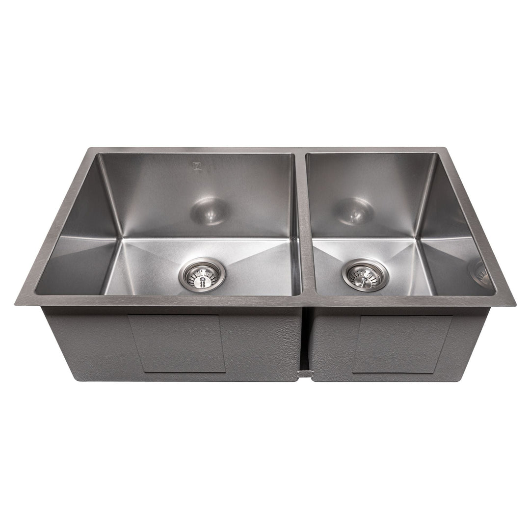 ZLINE 33 in. Chamonix Undermount Double Bowl DuraSnow® Stainless Steel Kitchen Sink with Bottom Grid, SR60D-33S