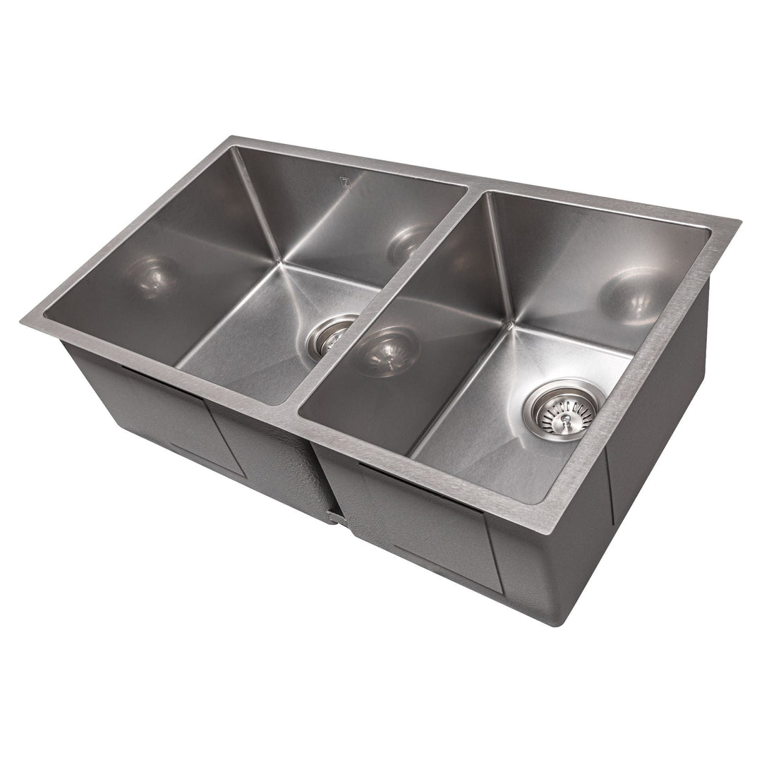 ZLINE 33 in. Chamonix Undermount Double Bowl DuraSnow® Stainless Steel Kitchen Sink with Bottom Grid, SR60D-33S