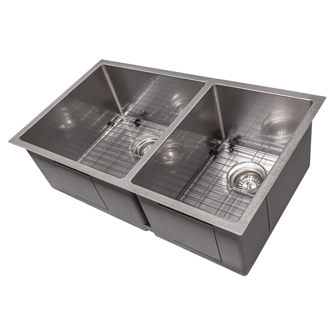 ZLINE 33 in. Chamonix Undermount Double Bowl DuraSnow® Stainless Steel Kitchen Sink with Bottom Grid, SR60D-33S