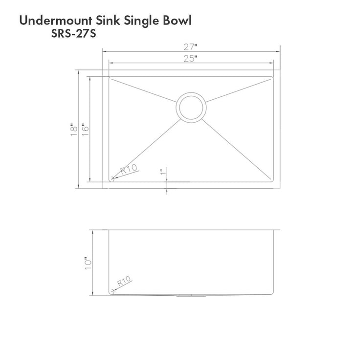 ZLINE 27 in. Meribel Undermount Single Bowl DuraSnow® Stainless Steel Kitchen Sink with Bottom Grid, SRS-27S