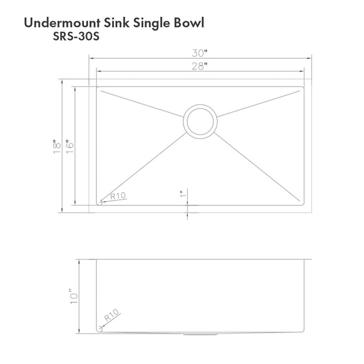 ZLINE 30 in. Meribel Undermount Single Bowl DuraSnow® Stainless Steel Kitchen Sink with Bottom Grid, SRS-30S