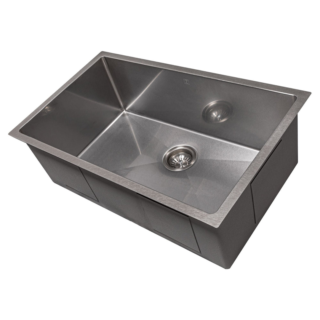 ZLINE 30 in. Meribel Undermount Single Bowl DuraSnow® Stainless Steel Kitchen Sink with Bottom Grid, SRS-30S