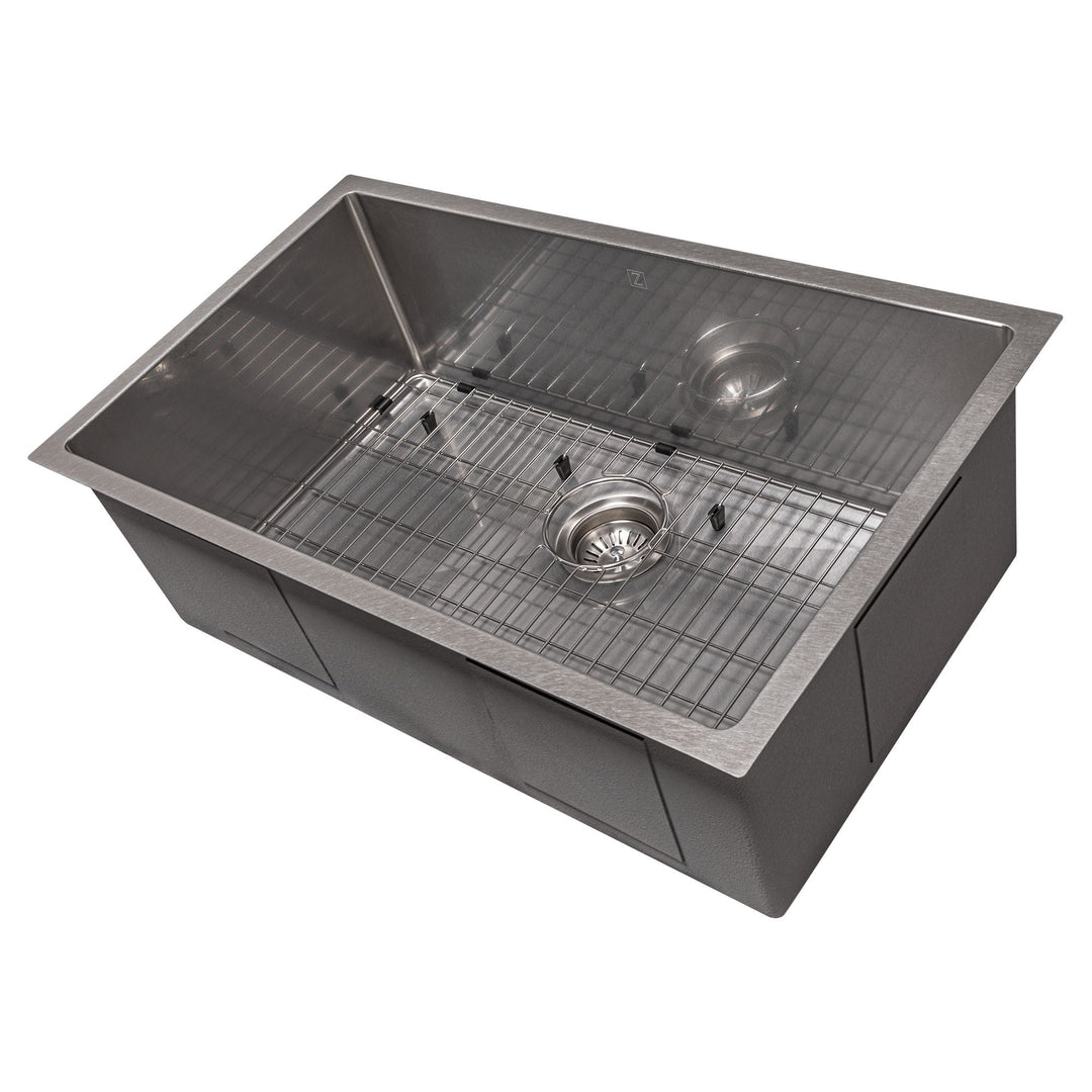 ZLINE 30 in. Meribel Undermount Single Bowl DuraSnow® Stainless Steel Kitchen Sink with Bottom Grid, SRS-30S