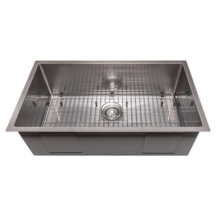 ZLINE 33 in. Meribel Undermount Single Bowl DuraSnow® Stainless Steel Kitchen Sink with Bottom Grid, SRS-33S