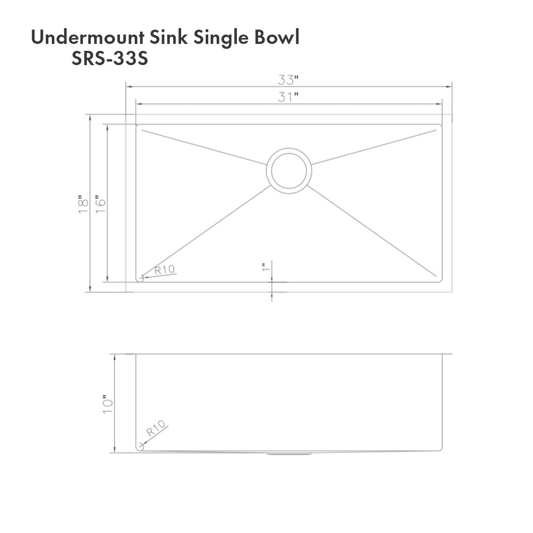 ZLINE 33 in. Meribel Undermount Single Bowl DuraSnow® Stainless Steel Kitchen Sink with Bottom Grid, SRS-33S