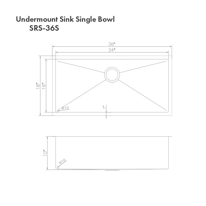 ZLINE 36 in. Meribel Undermount Single Bowl DuraSnow® Stainless Steel Kitchen Sink with Bottom Grid, SRS-36S