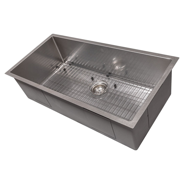 ZLINE 36 in. Meribel Undermount Single Bowl DuraSnow® Stainless Steel Kitchen Sink with Bottom Grid, SRS-36S