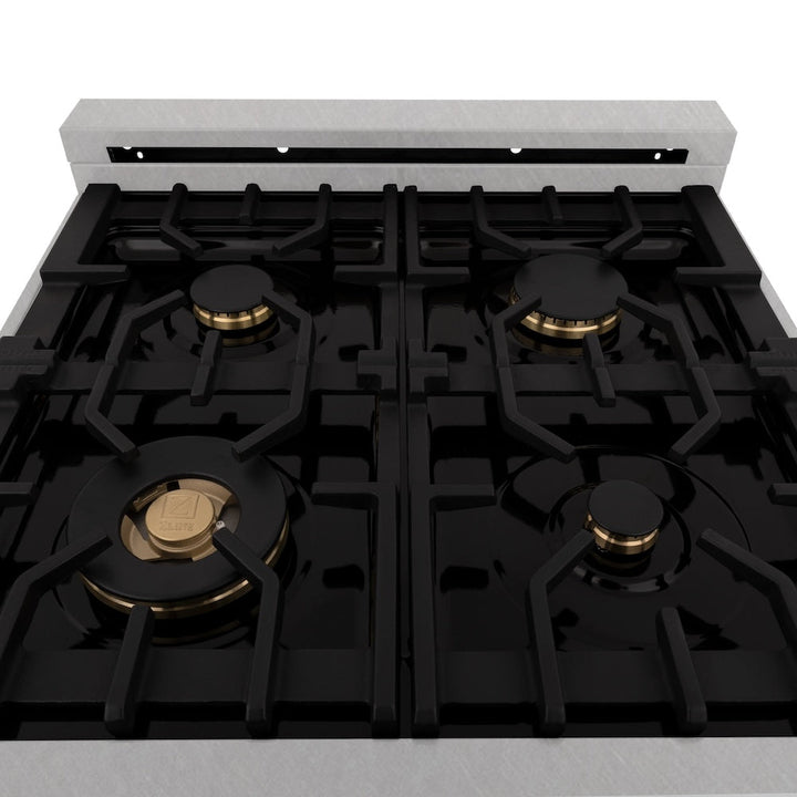 ZLINE 24 in. 2.8 cu. ft. Legacy Dual Fuel Range with Gas Cooktop and Electric Convection Oven in Satin Stainless Steel with 4 Brass Burners (RAS-SN-BR-24)