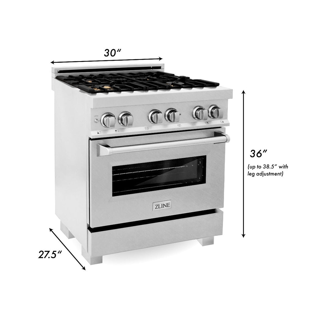 ZLINE 30 in. Professional Gas Burner/Electric Oven in DuraSnow® Stainless with Brass Burners, RAS-SN-BR-30