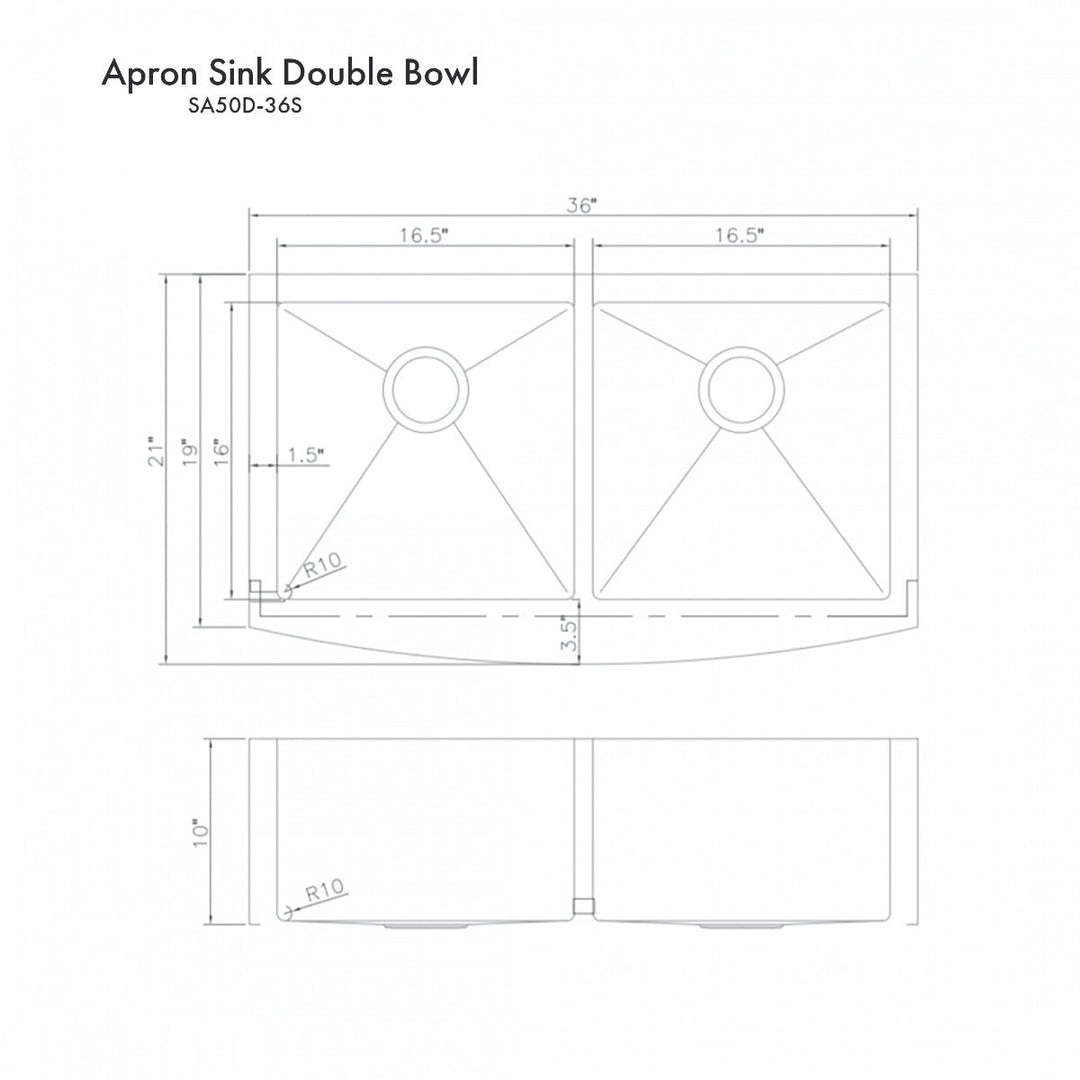 ZLINE 36 in. Niseko Farmhouse Apron Mount Double Bowl DuraSnow® Stainless Steel Kitchen Sink with Bottom Grid, SA50D-36S