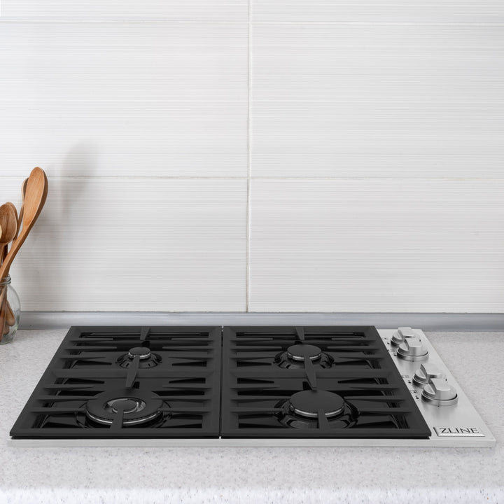 ZLINE 30" Dropin Gas Stovetop 4 Gas Brass Burners Black Porcelain Top