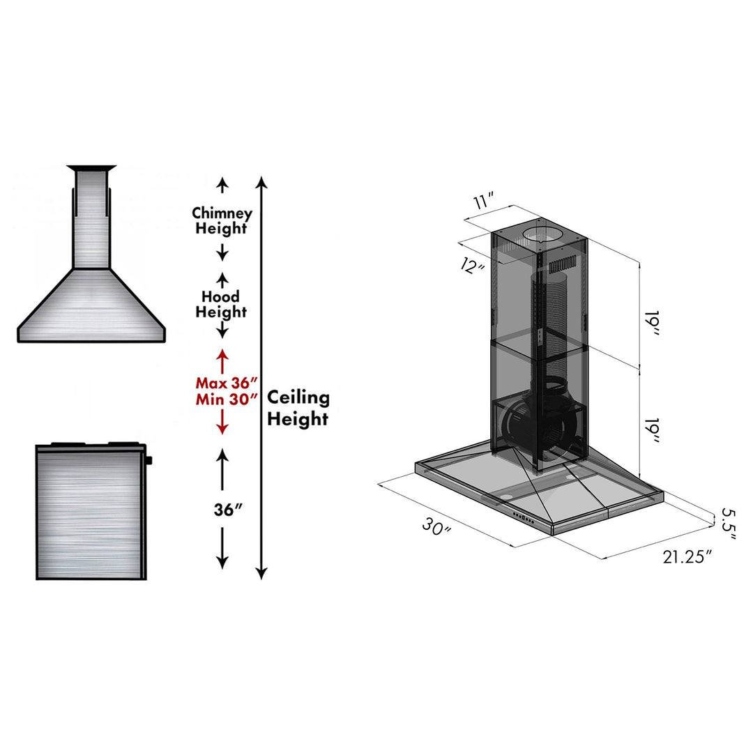 ZLINE 36" CrownSound Island Mount Range Hood in Black Stainless Steel with Built-in Speakers, BSGL2iNCRN-BT-36