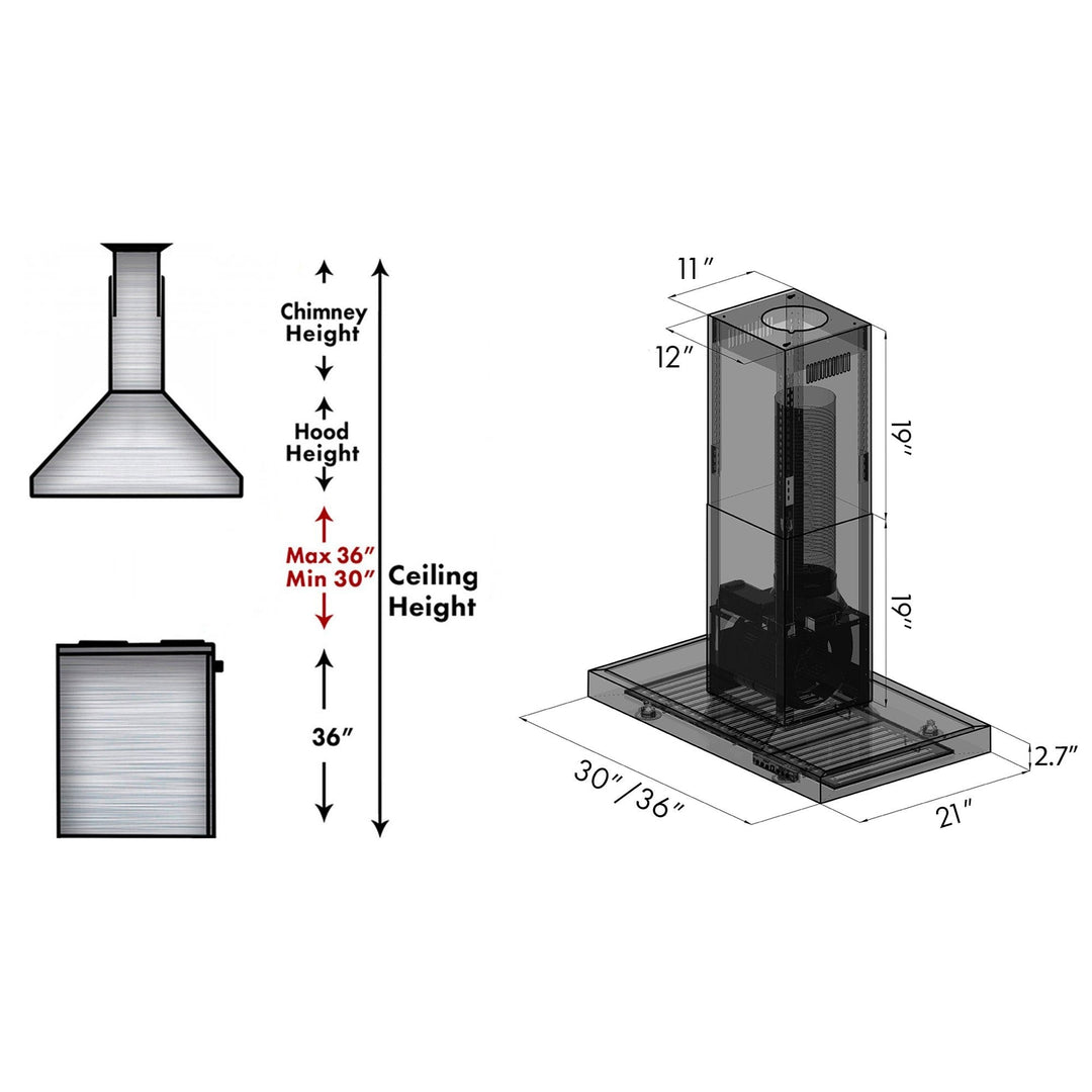 ZLINE 30” Convertible Island Mount Range Hood in Black Stainless Steel