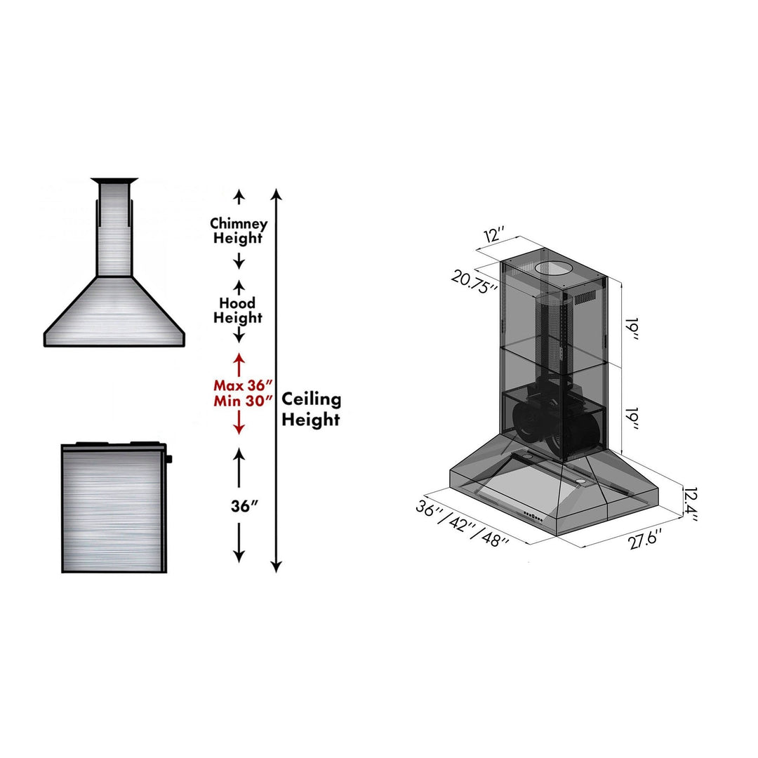ZLINE 36” Ducted Island Mount Range Hood in Stainless Steel 4 Speeds
