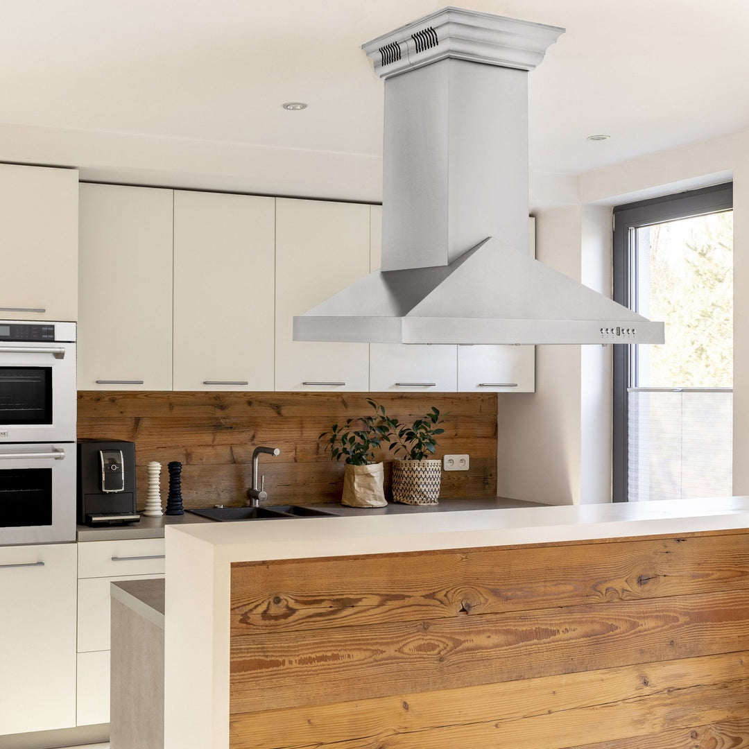 36 in. ZLINE CrownSound™Ducted Vent Island Mount Range Hood in Stainless Steel with Built-in Bluetooth Speakers (GL1iCRN-BT-36)