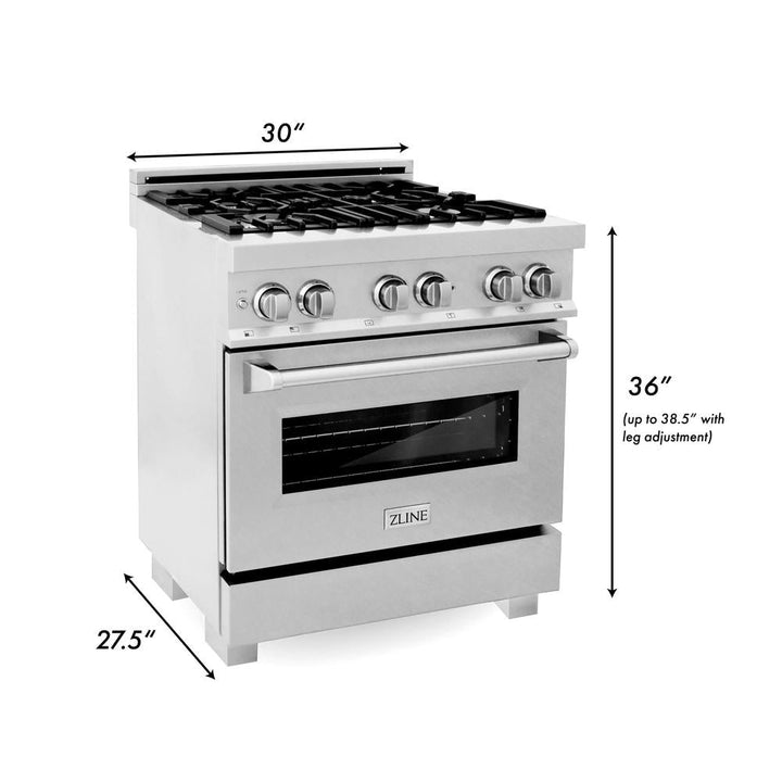 ZLINE 30 in. Kitchen Package with Satin Stainless Steel Dual Fuel Range and Convertible Vent Range Hood (2KP-RASSNRH30)