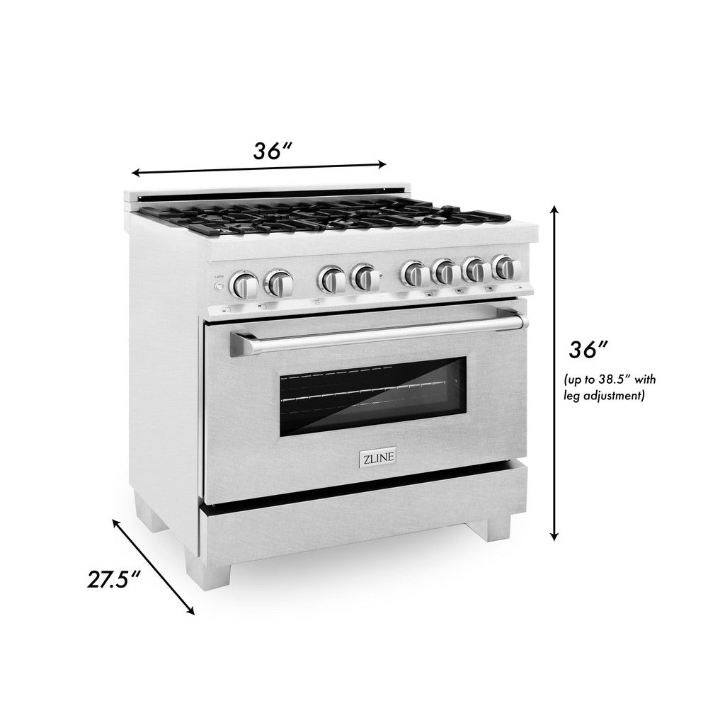 ZLINE 36 in. Kitchen Package with Satin Stainless Steel Dual Fuel Range and Convertible Vent Range Hood (2KP-RASSNRH36)