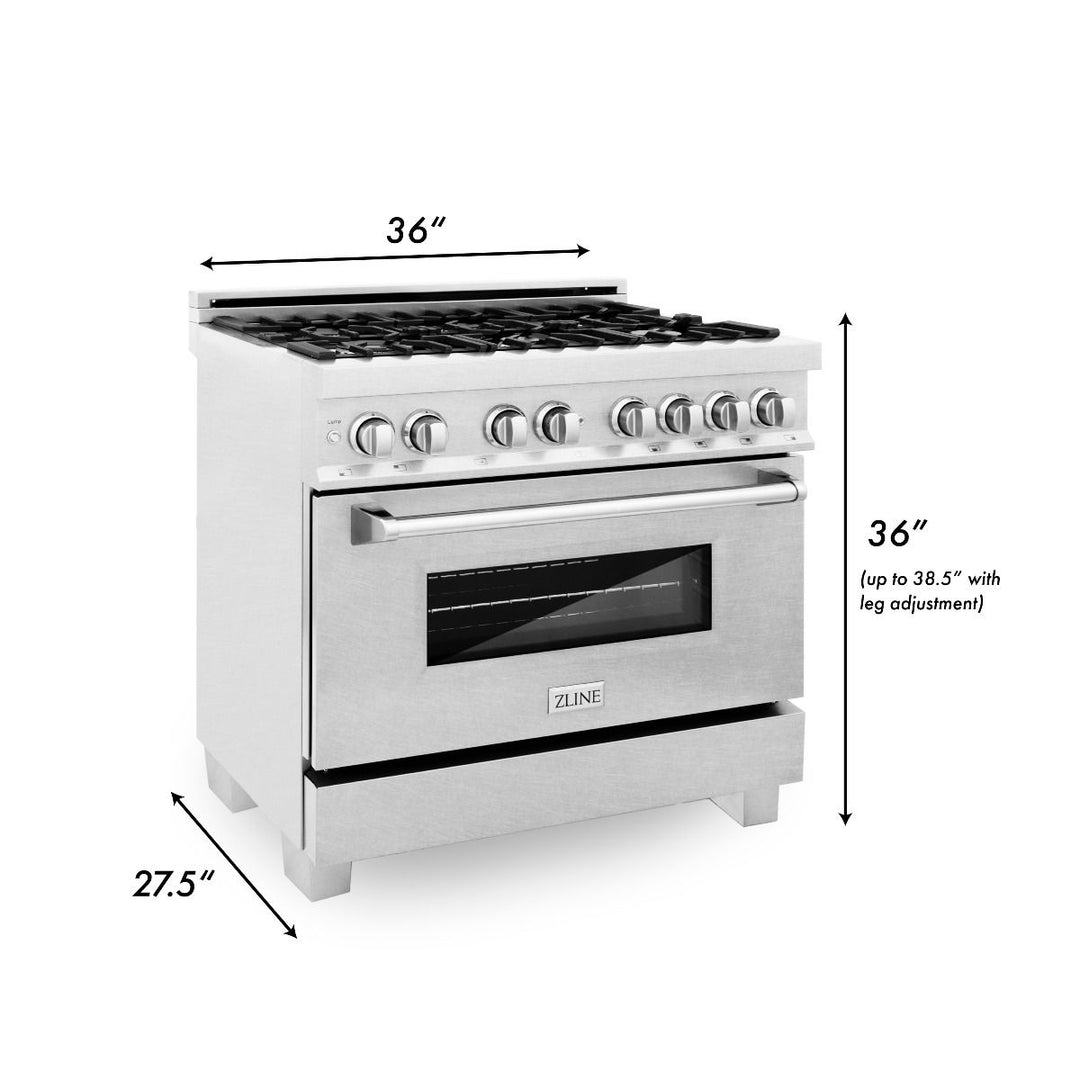 ZLINE 36 in. Kitchen Appliance Package with DuraSnow® Stainless Dual Fuel Range, Ducted Vent Range Hood and Tall Tub Dishwasher, 3KP-RASRH36-DWV