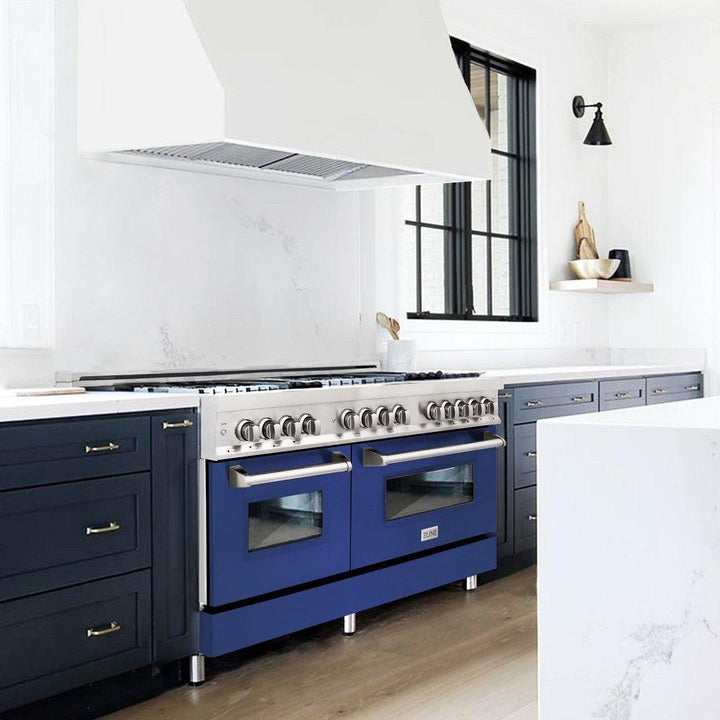 ZLINE 60 in. 7.4 cu. ft. Legacy Dual Fuel Range with 9 Burner Gas Cooktop and 2 Electric Convection Ovens in Stainless Steel and Blue Matte Doors (RA-BM-60)